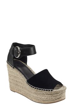 A chunky platform and wedge espadrille sole elevates an open toe sandal that is crafted from a mix of smooth leather and soft suede. 4.33" heel, 2.17" platform Adjustable ankle strap with buckle closure Leather and suede upper/manmade sole Imported Chic Open Toe Espadrille Heels, Platform Espadrille Sandals With Open Toe, Chic Platform Espadrilles With Open Toe, Summer Suede Wedge Heels, Chic Summer Suede Espadrilles, Espadrille Open Toe Platform Wedge Sandals, Platform Espadrille High Heel Sandals, Espadrille Platform High Heel Sandals, Summer Suede Open Toe Espadrilles