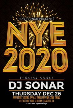 the flyer for nyye new year's eve 2016 with fireworks in the background