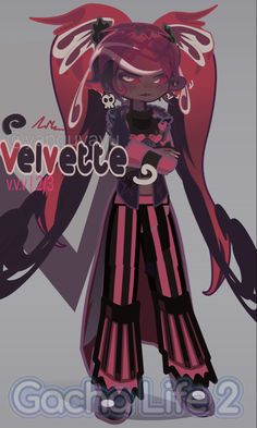 an anime character with long red hair holding a cell phone in her hand and the words devilette on it