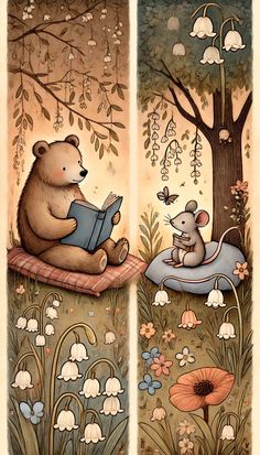 two panels depicting bears reading books in the woods with flowers and butterflies flying around them