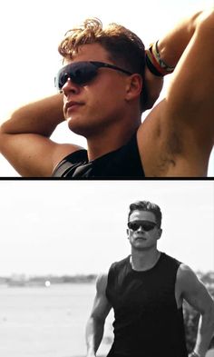 two different shots of a man wearing sunglasses