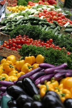 many different types of vegetables on display at a grocery store, including peppers, broccoli and eggplant