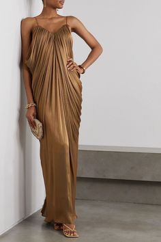 Bronze Maxi Dress, Metallic Accessories, Bronze Dress, Dress Trendy, Loungewear Luxury, Dress For Woman, Knitwear Design, Lingerie Sleepwear, Guest Dresses