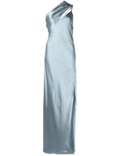 side-slit one-shoulder gown from MICHELLE MASON featuring scarf detailing, side slit, one-shoulder, sleeveless, long length, celestine blue and silk. One Shoulder Satin Gown, Light Blue Black Tie Dress, Light Blue Silk Dress Long, Light Blue Evening Gown, Light Blue Silk Dress, Light Blue Dress Formal, Bridesmaids Colors, Bridesmaid Dresses Blue, Light Blue Gown