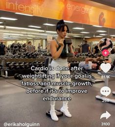 a woman standing in front of a gym machine with the caption cardio is one after weighting if your goal is fatlos and muscle growth before it's to improve