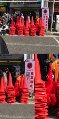 there are many orange cones that have been placed in the street for people to see