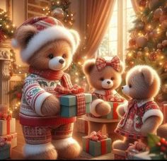 two teddy bears dressed up in christmas clothes with presents near a christmas tree and fireplace