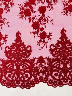 BURGUNDY Damask Design Embroidered on Mesh Lace Fabric, Floral Bridal Lace Wedding Dress by the Yard (Pick a Size) Red Embroidered Fabric With Lace Work For Wedding, Red Lace Fabric For Wedding, Red Embroidered Lace Fabric For Party, Red Lace With Intricate Embroidery Fabric, Red Lace Fabric With Intricate Embroidery, Pink Embroidered Lace Fabric, Red Lace Fabric With Floral Embroidery, Luxury Pink Lace Embroidered Fabric, Red Intricate Embroidered Lace Fabric