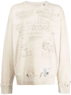 light beige cotton distressed effect sketch-style print round neck long sleeves straight hem Beige Crew Neck Sweatshirt With Graphic Print, White Distressed Sweatshirt, White Distressed Long Sleeve Sweatshirt, Distressed Jumper, Maison Mihara Yasuhiro, Maison Mihara, Graphic Design Images, Sketch Style, Light Beige