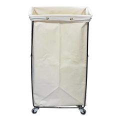 a white laundry hamper with wheels on the front and bottom sides, sitting against a white background