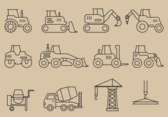 various types of construction vehicles are shown in black and white on a beige background,