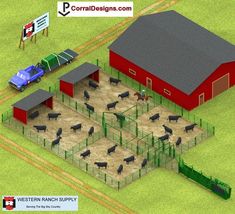 an image of a farm with animals in the pen and on the ground next to it