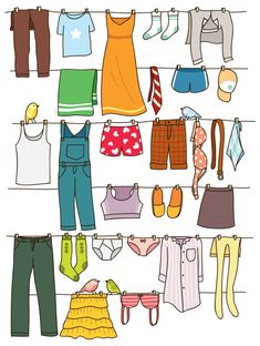 an illustration of clothes hanging on a clothesline with shoes and socks next to them