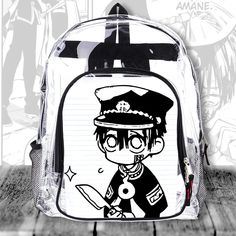 "☆☾ PRODUCT DESCRIPTION ☆☾ Hanako Kun Clear Backpack | Toilet Bound Hanako Kun | 16 1/2\" Clear Backpack | Unisex Clear Anime Backpack | TBHK | .: Included in this listing: (1) Backpack with Design :.      ☆☾ Black Design on Clear Backpack ☆☾ ...plus a free gift! Bag Info:  .: This DIY Dolls Bag is proudly created on our quality Unisex Clear PVC Backpack  .: Main Compartment Size 16 1/2\"h x 12\"w x 6\"d .: Front Compartment Size 12\"h x 9 1/2\"w x  1 1/2\"d .: Thickened Cold Resistant PVC Plast Harajuku Style Backpack For Students, Harajuku Style Standard Backpack For Students, Harajuku Style School Backpack, Harajuku Style Standard Backpack For Back To School, Harajuku Style Standard School Backpack, Anime Style Travel Backpack, Anime Style Black Bags For Everyday Use, Black School Bags With Anime Print, Anime Style Black School Bag