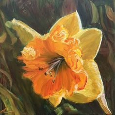 an oil painting of a yellow flower