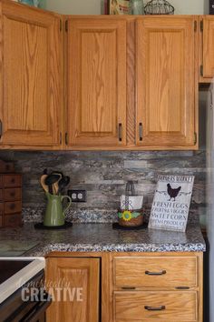 a kitchen with wooden cabinets and granite counter tops