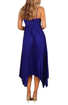 Allover pleats lend graceful movement to this rich satin maxi designed with slender adjustable straps and a drapey asymmetric hem. Slips on over head Sweetheart neck Adjustable straps Partially lined 100% polyester Hand wash, dry flat Imported Party Pleated Maxi Dress, Strapless Pleated Maxi Dress For Party, Party Maxi Dress With Folds, Solid Satin Maxi Dress For Summer, Pleated Spaghetti Strap Maxi Dress For Party, Summer Satin Maxi Dress With Pleated Back, Pleated Maxi Dress With Spaghetti Straps For Party, Summer Strapless Sleeveless Dress With Pleats, Spring Pleated Midi Strapless Dress