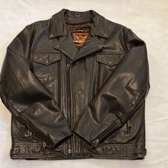 Brown Distressed Look Leather Jacket Zip Out Liner Vented Back (Zippers) Measurements In Pictures Never Worn Rugged Winter Outerwear For Biker Events, Rugged Long Sleeve Biker Jacket, Classic Outdoor Biker Jacket With Zipper Closure, Classic Biker Jacket With Zipper Closure, Classic Biker Jacket With Zipper Closure For Outdoor, Fall Motorcycling Outerwear With Pockets, Classic Biker Jacket With Pockets For Biker Events, Classic Outerwear With Zip Fly For Biker Events, Classic Biker Jacket With Pockets For Outdoor