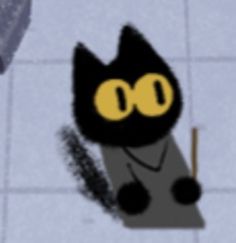 a black cat with yellow eyes holding a broom