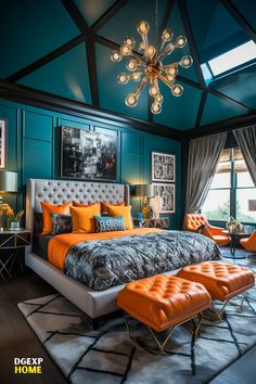 Industrielles Schlafzimmer in Teal und Kürbisorange, sichtbare Rohre, metallische Akzente, rustikaler Holzboden, urbaner Charme. Orange And Teal Aesthetic, Jewel Bedroom, Teal And Orange Bedroom, Orange And Teal Bedroom, Blue And Orange Bedroom, Orange Bedroom Ideas, Simple Bed Designs, Orange Bedroom