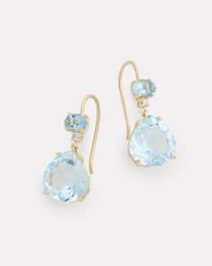 18K Yellow Gold Oval and Pear Shape Drop Earring with Aquamarine, Sky Blue Topaz, and Diamonds, .05 TCW 1 Inch Long x 1/2 Inch Wide Style# YE2AQSBW Sky Blue Earrings, Sky Blue Topaz, Opal Earrings, Bracelet Collection, Drop Earring, Green Tourmaline, Blue Earrings, Opal Rings, Pear Shape