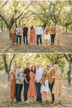 a family posing for pictures in the woods with leaves on the ground and trees behind them