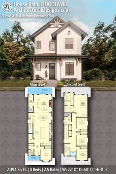 two story house plan with 3 bedroom and 2 bathrooms in the front, second floor