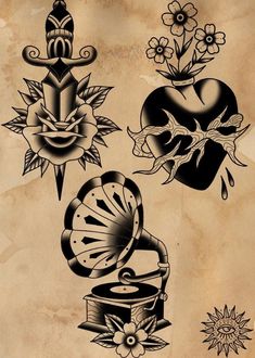 some old school tattoo designs on an old sheet of paper with watermarks and ink