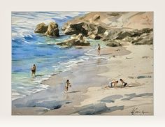 watercolor painting of people on the beach with rocks in the background and blue ocean