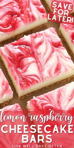 lemon and raspberry cheesecake bars with text overlay that reads save for later