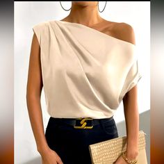 Solid Pleated Slant Shoulder Blouse, Elegant Blouse For Spring & Summer. Classy And Sophisticated High End, Luxury, Chic, Elegant, Blazer, Blouse, Louboutin, Suede, Burberry, Gold, Gucci, Casual, Louis Vuitton, Coats, Fendi, Attire, Maxi Dress, Poplin, Dress, Wide Leg Pants, Crop Top, Lace, Suede, Military, Gold, Pearl, Clutch, Designer, Blazer, Lady Jacket, Palazzo, Premium, J.Crew, Cardigan, Banana Republic, Cartier, Scarves, Crossbody Bags,Gg Belt, Gg, Double Ring, Diamond, Layered, Matching Elegant Solid Color Blouse For Summer, Elegant Solid Blouse For Summer, Feminine One-shoulder Party Tops, Spring Formal Blouse With Asymmetrical Neckline, Chic Solid Sleeveless Blouse, Chic Asymmetrical Neckline Top For Work, Elegant Tops With Asymmetrical Neckline For Work, Elegant Sleeveless Summer Blouse, Feminine One Shoulder Tops For Evening