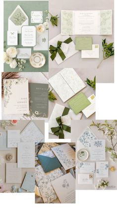 the wedding stationery is laid out on top of each other