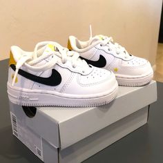 White And Black Nike Force1 Lv8 Baby/Toddler Shoes In Size 5c. Yellow Patch On The Back Stating "Have A Nike Day." In Box, Never Been Worn Except To Try On. Baby Sneakers Nike, White Scratch-resistant Sneakers For Playtime, Yellow Low-top Sneakers For Playtime, White Sneakers With Soft Sole For Streetwear, Nike White Sneakers For Playtime, Nike Non-slip Sneakers For Playtime, Nike Sneakers With Soft Sole For Playtime, White Nike Sneakers For Play, White Sneakers With Round Toe For Playtime