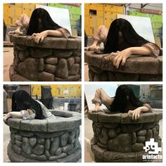 there are four pictures of a woman laying on a stone bench with her legs spread out