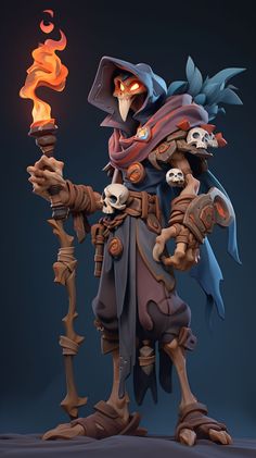 an animated character holding a lit candle and wearing a skull head costume with flames in his hands