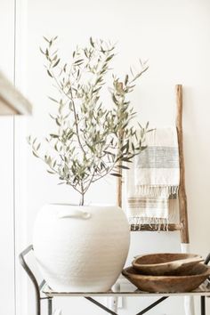 a white vase sitting on top of a metal shelf next to a bowl filled with plants