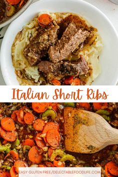 two pictures showing different types of italian short ribs and carrots in a white bowl