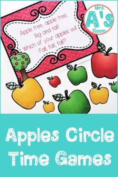 an apple themed game with the words apples circle time games on it and some pictures