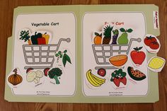 an open book with pictures of vegetables and fruits in it on a wooden table top