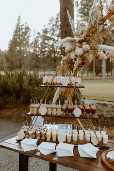 an outdoor dessert table with cupcakes, cake pops and marshmallows