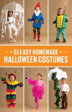 some kids are dressed up as halloween costumes and one is wearing a costume that says, 5 easy homemade halloween costumes