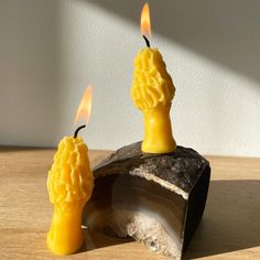 two yellow candles sitting on top of a piece of wood