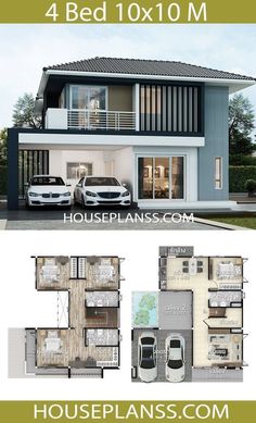 two story house plan with four cars parked in front