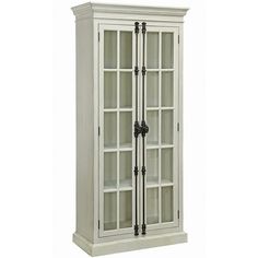 a tall white cabinet with glass doors on the front and bottom shelves in black handles