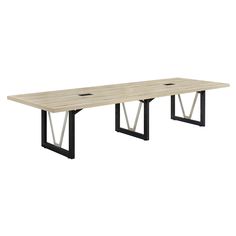 a wooden table with black metal legs