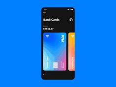 an apple pay card is shown on a blue background in this illustration, there are two credit cards with the same amount of money