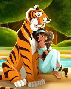 an animated image of a woman hugging a tiger