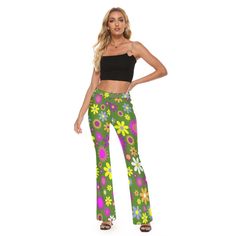 Flare Pants, 70s Hippie Pants, Floral Pants, Wide Leg Pants, Green Flare Pants,Retro Pants,70s style Pants,Wide Leg Yoga Pants,Mod 60s pants Custom made and hand sewn to order. **Size up since these runs small. I wanted to create a hippie floral wide leg pants style since I seldom see this style in this print. Wide waist band. Hip Flare bottom pants style. Fun for everyday wear or yoga. Perfect with platform heels or chunky high heels. ● Fabric:Micro Fiber(95% Polyester and 5% Spandex) ● Slim fi Flare Pants 70s, Green Flare Pants, 60s Pants, 70s Mode, Pants Custom, Wide Leg Yoga Pants, Leg Yoga, Retro Pants, Mod 60s