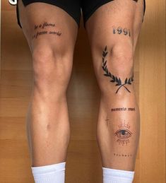 the legs and ankles of a person with tattoos on their thighs, both showing different types of tattoos