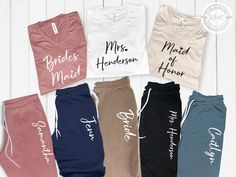 six ladies's t - shirts with the words brides, maid, and happily married written on them